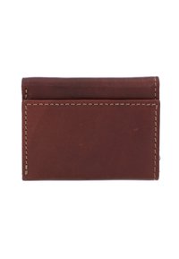 Brown leather wallet with visible stitching detail, rectangular shape, smooth texture, and multiple card slots on the front and back.