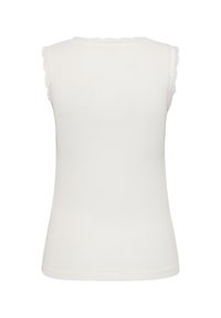 Weißes ärmelloses Tanktop mit gerippter Textur und rüschendem Saum entlang der Armlöcher und des Ausschnitts. Figurbetontes Design.