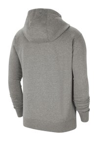 Sweat à capuche gris en tissu texturé, avec une capuche, des manches longues et un ourlet côtelé. Le dos est simple, sans détails supplémentaires.