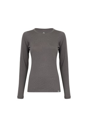 Grijs shirt met lange mouwen, gemaakt van zachte, gladde stof. Heeft een ronde hals en een slim fit ontwerp, met minimale branding op de zoom.