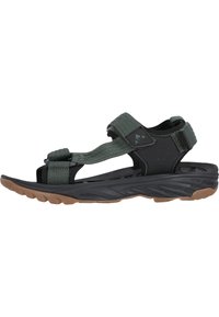 Svart och olivgrön sportig sandal med justerbara remmar, en robust gummisula och strukturerad fotbädd för grepp. Lättviktsdesign.