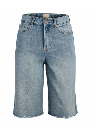 Heledasinised teksapüksid, millel on lahtised servad, ees nupp ja tõmblukk, vööaugud ning viie tasku disain.