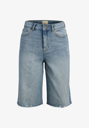 Heledasinised teksapüksid, millel on lahtised servad, ees nupp ja tõmblukk, vööaugud ning viie tasku disain.