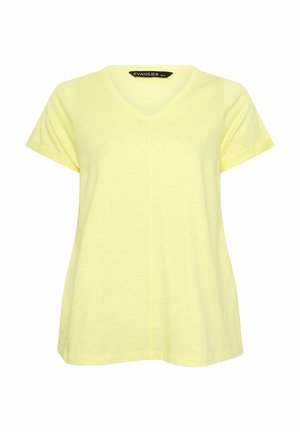 Lysegul kortærmet V-hals T-shirt til kvinder med en central søm og løs pasform, størrelse UK 18, vist på en hvid baggrund.