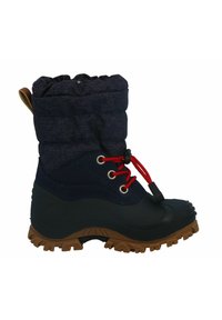 Buty w kolorze granatowym, wodoodporne, z denimu na mankiecie, czerwonymi sznurówkami i wytrzymałą brązową podeszwą. Oferują wysoką cholewkę dla dodatkowego wsparcia.