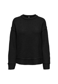 Maglione nero con scollo rotondo, polsini e orlo a costine, dal taglio rilassato e con dettagli di cucitura minimali. Tessuto liscio.