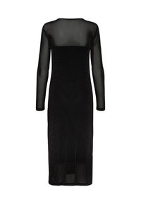 Schwarzes, langärmeliges Kleid mit transparentem Oberteil und solidem schwarzen Unterteil. Glatte Textur, figurbetonte Form, knöchellang, minimalistisches Design.