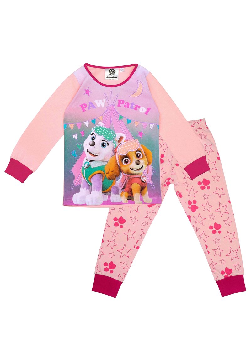 Pajama set featuring long-sleeve top with pink accents and graphic of two puppies; pink pants with star and paw print patterns.