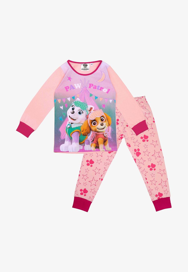 Pyjama-Set mit langärmeligen Oberteil mit pinken Akzenten und Grafik von zwei Welpen; rosa Hosen mit Sternen- und Pfotenabdruckmustern.