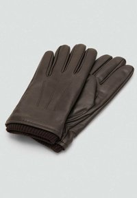 Guantes de cuero marrón con puños de punto de ribete marrón oscuro, que presentan tres líneas cosidas en la parte trasera para mayor detalle y textura.