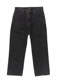 Black denim jeans with a straight-leg design, five pockets, copper rivets, and contrast stitching. Classic style with a clean finish.