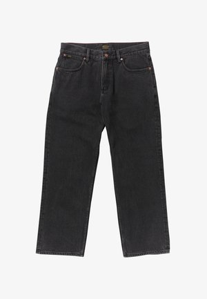 Jean en denim noir avec une coupe droite, cinq poches, rivets cuivrés et coutures contrastées. Style classique avec une finition soignée.