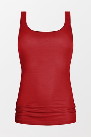 Top sin mangas rojo hecho de una tela suave, con escote redondo y detalle fruncido en el dobladillo.