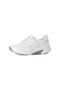 White athletic sneaker featuring a mesh upper, padded collar, textured sole, and light gray accent on the midsole. Lace-up closure.
