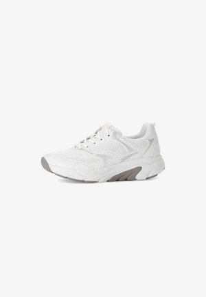 White athletic sneaker featuring a mesh upper, padded collar, textured sole, and light gray accent on the midsole. Lace-up closure.