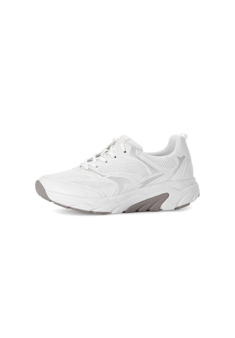 White athletic sneaker featuring a mesh upper, padded collar, textured sole, and light gray accent on the midsole. Lace-up closure.