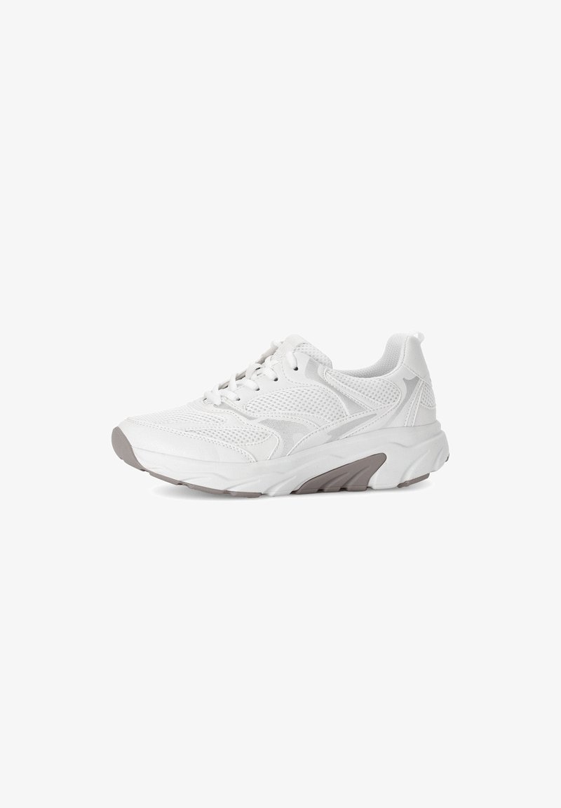White athletic sneaker featuring a mesh upper, padded collar, textured sole, and light gray accent on the midsole. Lace-up closure.