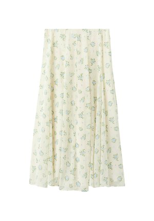 Falda midi color crema con estampado floral en azul claro y verde, detalles plisados y una silueta fluida en línea A.