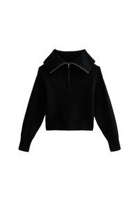 Svart stickad tröja med ribbat krage, halvdragkedja fram, och långa ärmar. Designen är kort, vilket framhäver en strukturerad yta.