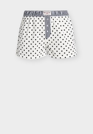 Hvide boksershorts med sorte polkaprikker, marineblåt og hvidt ternet linning og bredde med tre hvide knapper.