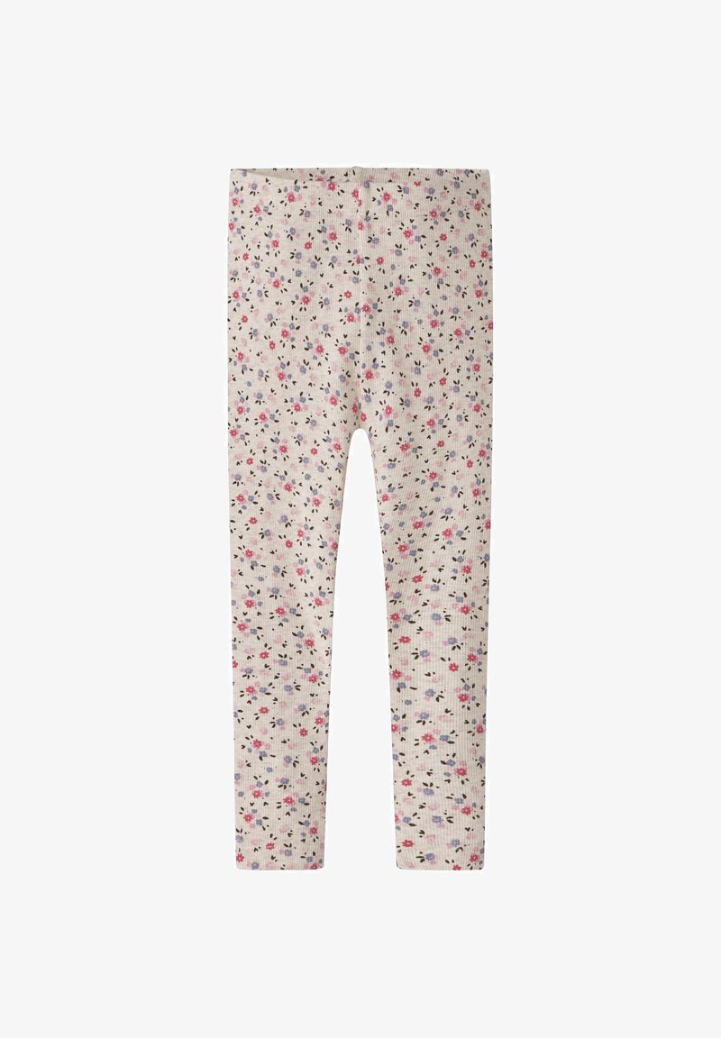 Leggings crème pour enfants avec petit imprimé floral rose, violet et noir sur tissu côtelé, présentés à plat sans attaches visibles.