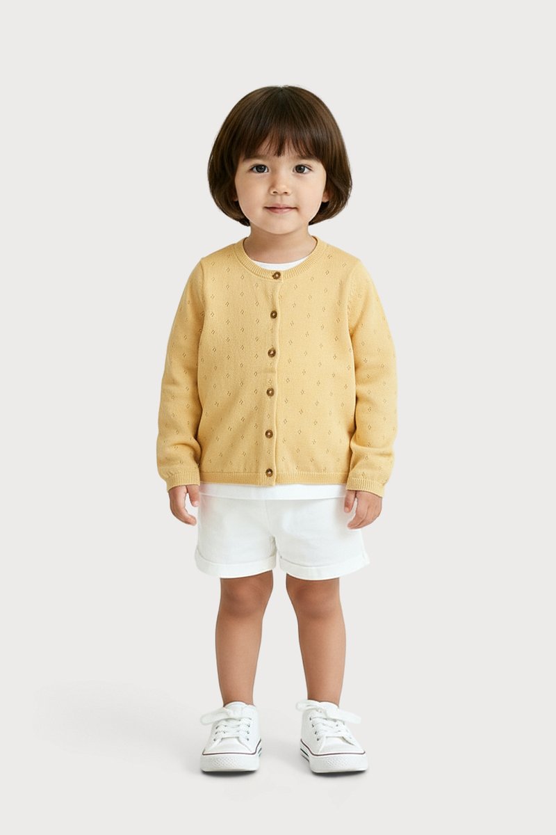 Yellow knitted cardigan with a textured pattern, round neckline, and brown buttons; paired with white shorts and white sneakers.