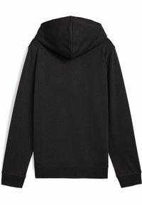 Sweatshirt à capuche noir avec des manches longues, fabriqué dans un tissu doux. Présente une texture lisse et des ourlets finis. Aucun logo ou motif visible.