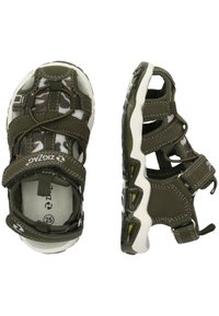 Gröna sportsandaler med nätinslag, justerbara remmar, en vadderad sula och en strukturerad gummisula för grepp och hållbarhet.