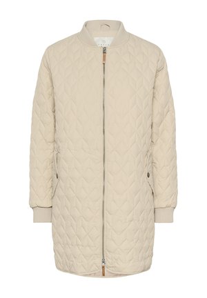 Beige quilted jacket featuring a zip front, ribbed cuffs, and two side pockets. The fabric has a diamond pattern with a smooth texture.