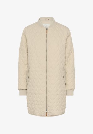 Bež usnjeni jopič z zadrgo spredaj, rebrastimi manšetami in dvema stranskima žepoma. Tkanina ima diamante vzorec z gladko teksturo.