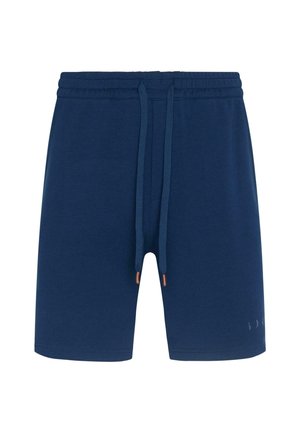 Marineblå shorts lavet af blød stof med elastisk talje og snoretræk samt kobberdetaljer. Enkle, uden synlige mønstre.