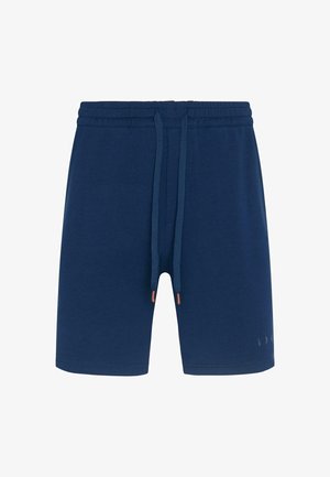 Temno modri šortsi iz mehkega materiala, ki imajo elastični pas z vrvico in bakrenimi detajli. Preprosti, brez vidnih vzorcev.