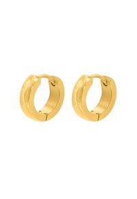 Boucles d'oreilles en forme de créole en ton or, avec une texture lisse et un léger design en torsion, dotées d'un fermoir sécurisé et d'une forme ronde.