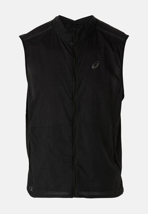 Colete preto sem mangas com uma gola alta, feito de um tecido leve e texturizado, apresentando bolsos laterais e fecho zip na frente.