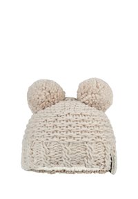Knit winter hat in light beige with two pom-poms on top, featuring a textured cable pattern and a contrasting cream-colored trim.