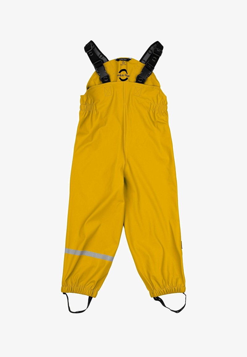 Gele waterdichte overall met verstelbare zwarte banden, elastische taille en reflecterende zilveren strip op de benen. Glad, duurzaam materiaal.