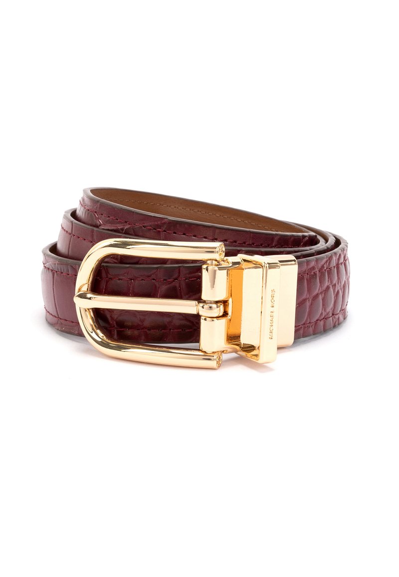 Bordeaux Leder Gürtel mit Krokodil-Optik, ausgestattet mit einer glänzenden goldfarbenen Schnalle und einem eleganten Design, das in drei Schlaufen gerollt ist.