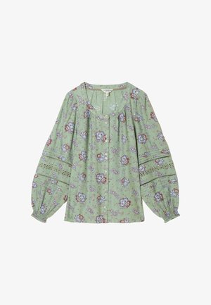 Hellgrüne Bluse mit langen Ärmeln, durchgehend Knopfleiste, Blumenmuster in Blau und Braun sowie Spitzen- Ausschnittdetails an den Ärmeln mit elastischen Bündchen.