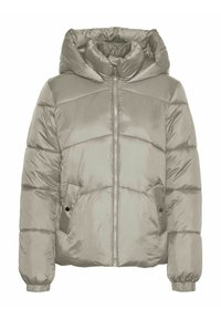 Padded jakna u metalik bež boji s kapuljačom, s prednjim zatvaračem, bočnim džepovima i kviltanim dizajnom. Glatka, sjajna tekstura.