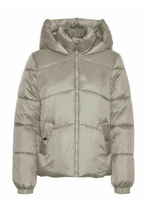 Veste rembourrée de couleur beige métallique avec capuche, dotée d'une fermeture éclair à l'avant, de poches latérales et d'un design matelassé. Texture lisse et brillante.
