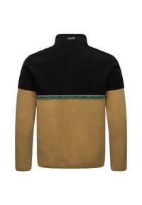 Fleece-pullover med sort øvre del og tan-nederste del, med en struktureret overflade og et flerfarvet vandret stribedetalje.