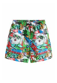 Colorful swim shorts featuring a graffiti-style print with Santa, gifts, and festive elements, made of lightweight fabric with an elastic waistband.
