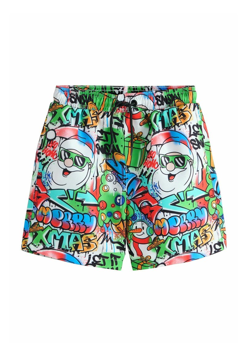 Colorful swim shorts featuring a graffiti-style print with Santa, gifts, and festive elements, made of lightweight fabric with an elastic waistband.