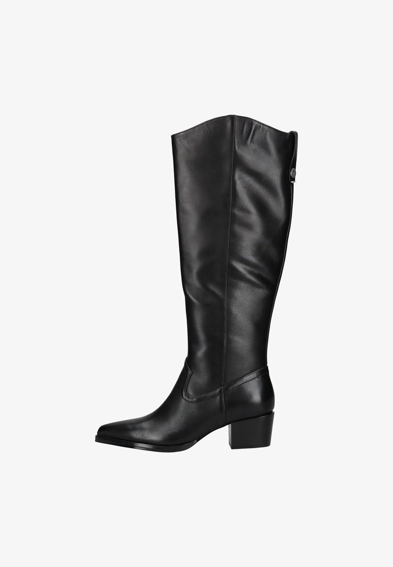 Fekete bőr, térd fölé érő csizmák, hegyes orral és magas blokk sarkal. Sima felület, minimális varrás, és diszkrét logó részlet az oldalon.