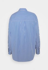 Camicia a maniche lunghe con colletto, caratterizzata da righe verticali blu e bianche, parte posteriore plissettata e polsini con bottoni. Materiale in cotone liscio.