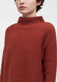Personne portant un pull à col roulé épais de couleur rouille avec un motif texturé sur fond blanc.