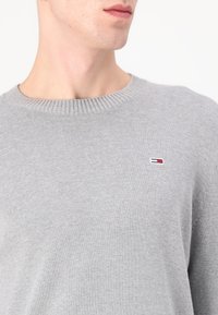 Grijze gebreide trui met een geribbelde ronde hals. Heeft een klein logo met rode, witte en blauwe accenten op de linkerkant van de borst. Zachte textuur.