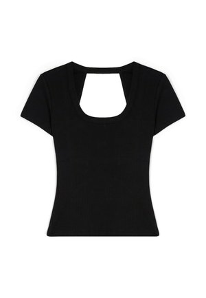 Czarny obcisły top z krótkim rękawem, kwadratowym dekoltem i dużym kwadratowym wycięciem na górnej części klatki piersiowej.