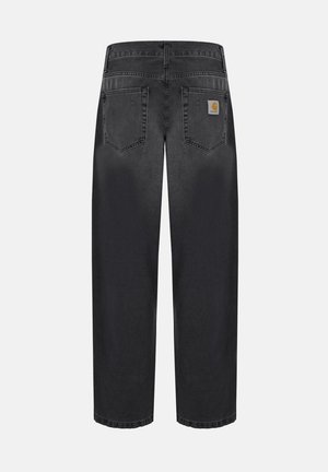 Jeans neri a gamba dritta con due tasche posteriori, passanti per cintura e una piccola toppa rettangolare con il logo Carhartt sulla tasca destra.