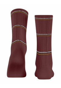 Calze bordò con texture a costine, caratterizzate da strisce orizzontali in oro e argento. Il design include una punta e un tallone rinforzati.
